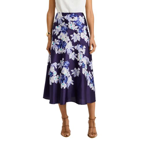 Veronika Maine Midnight Climbing Vine Satin Midi Skirt